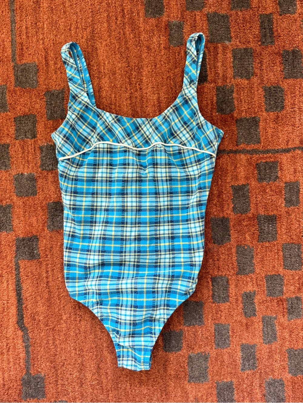 Blue Plaid Women's Bodysuit with Scoop Straps